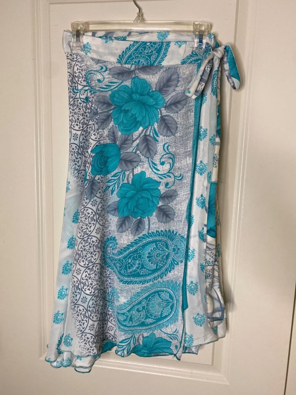 Reversible Silk Magic Wrap Skirt Teal Floral Paisley Boho Festival Beach OS - Picture 4 of 11